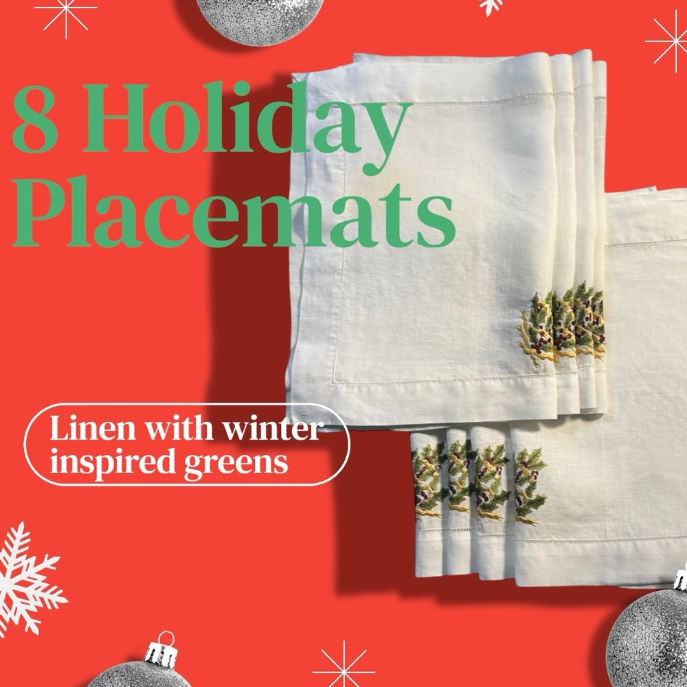 Holiday Embroidered White Linen Napkins Set-